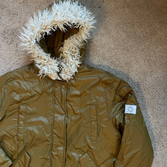 Offline by Aerie Puffer Jacket Mustard Faux Fur Bomber Ski Hooded Coat Womens S - Picture 2 of 5